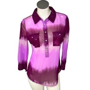 INC International Concepts Sheer Purple Tie Dye Rhinestone Button Top Women M